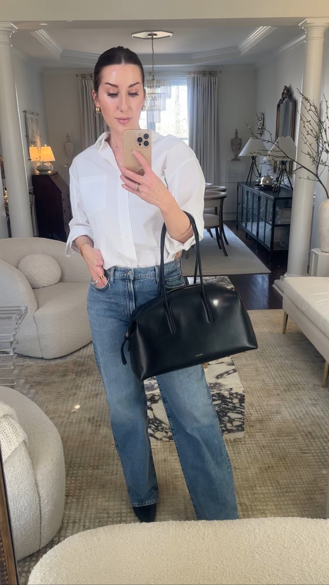 The best white button down- medium 
The best straight leg Jeans tts , 28
Long handle tote/satchel bag 
Earrings 20% off code “Tiffanyd “
90s classic style ootd

#LTKootd #LTKOver40