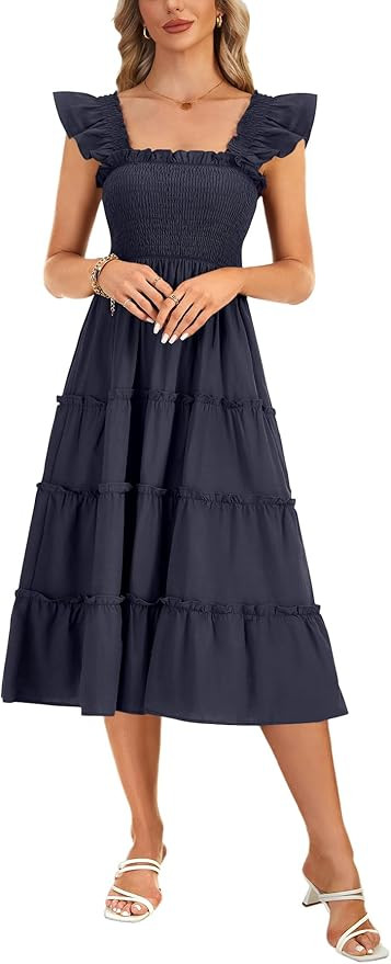 Rooscier Women's Smocked A Line Dress Square Neck Ruffle Sleeveless Tiered Midi Sundress | Amazon (US)