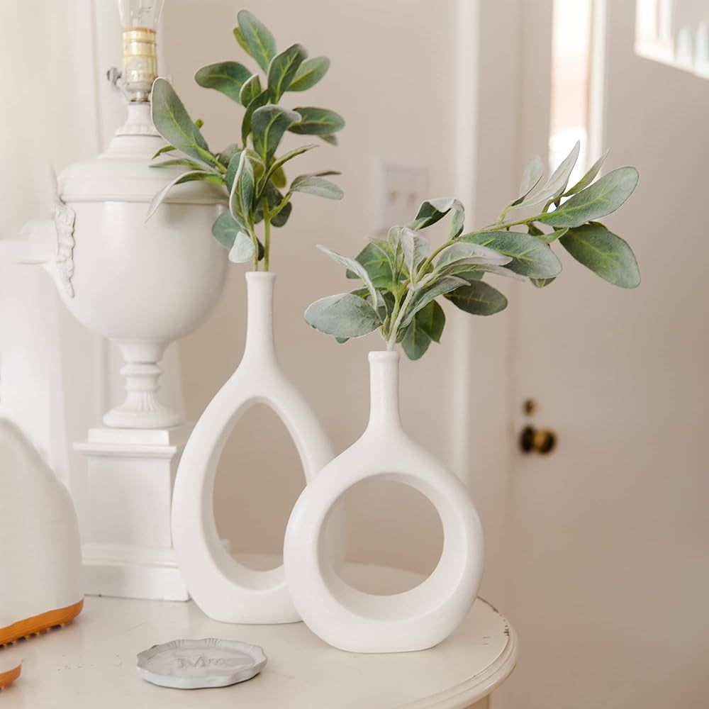 LIBWYS White Ceramic Vase Set of 2 Modern Decorative Vase Hollow Oval Design Candle Holders Geome... | Amazon (US)