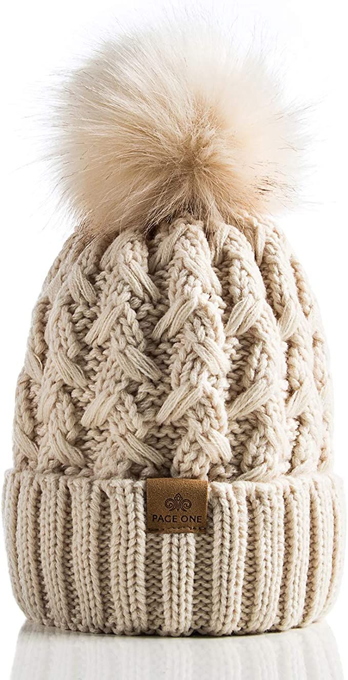 PAGE ONE Womens Winter Ribbed Beanie Crossed Cap Chunky Cable Knit Pompom Soft Warm Hat | Amazon (US)