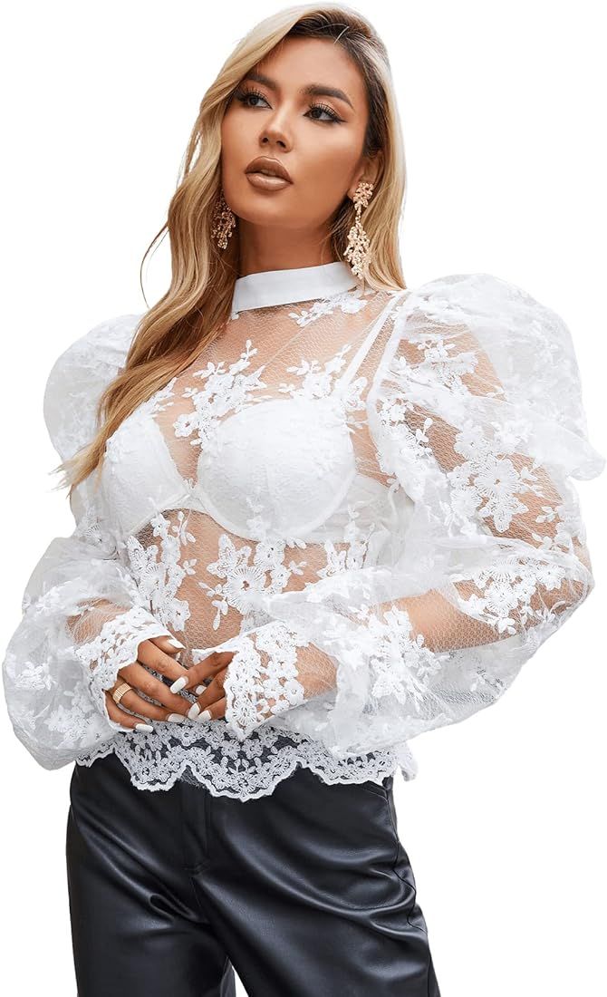 WDIRARA Women's Floral Lace Mesh Tee Shirt Long Puff Sleeve Mock Neck Blouse Top | Amazon (US)