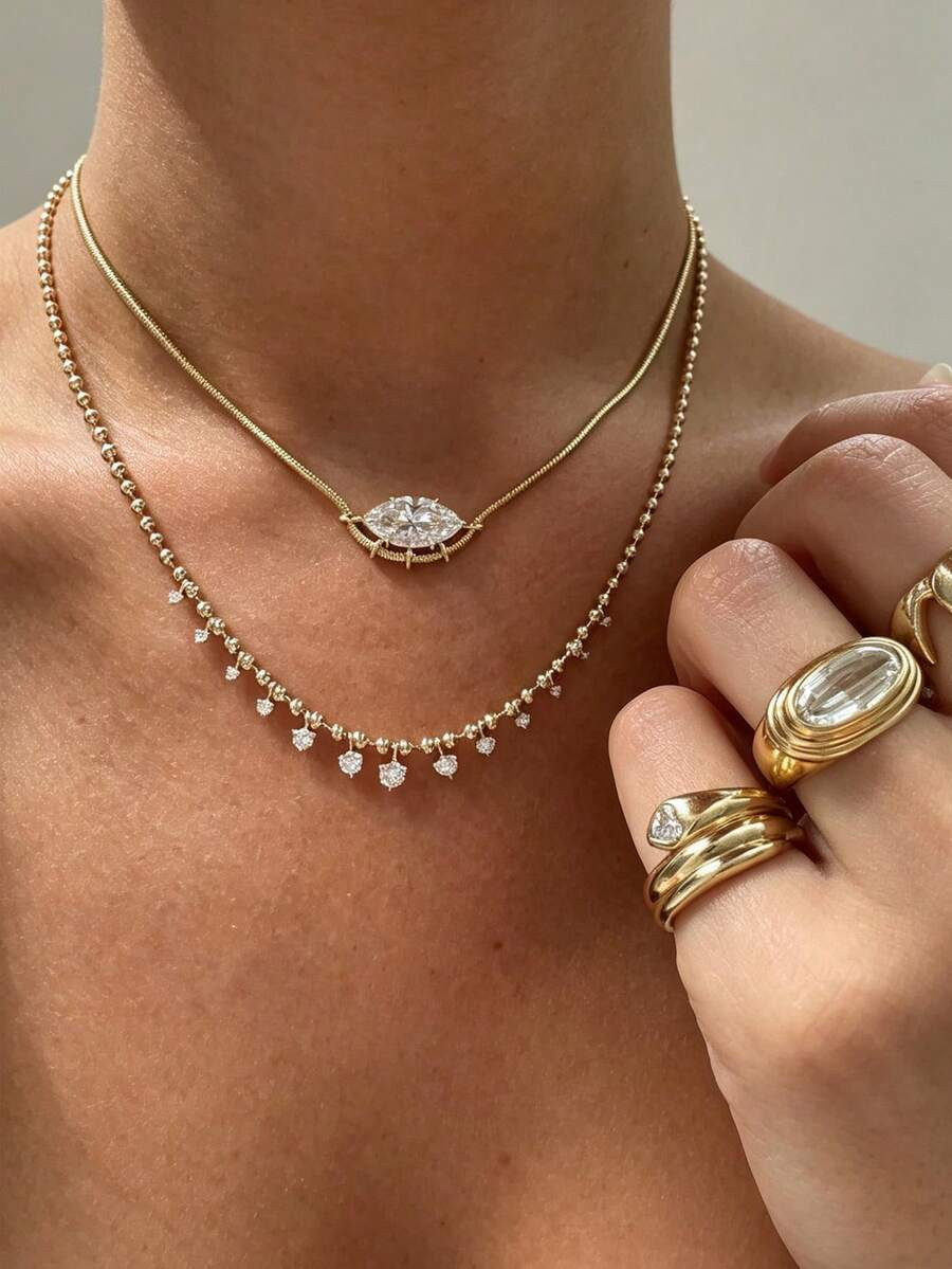 S SHOPBOHO 1pc Luxury Thin Snake Chain Necklace With Single Zirconia Stone, Geometric Zirconia, Minimalist Niche Commuter Versatile Collarbone Chain | SHEIN