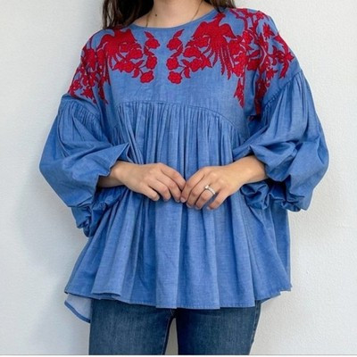 Anthropologie Hemant & Nandita Lianna Embroidered Blouse - Boho Folk Peasant - S | eBay US