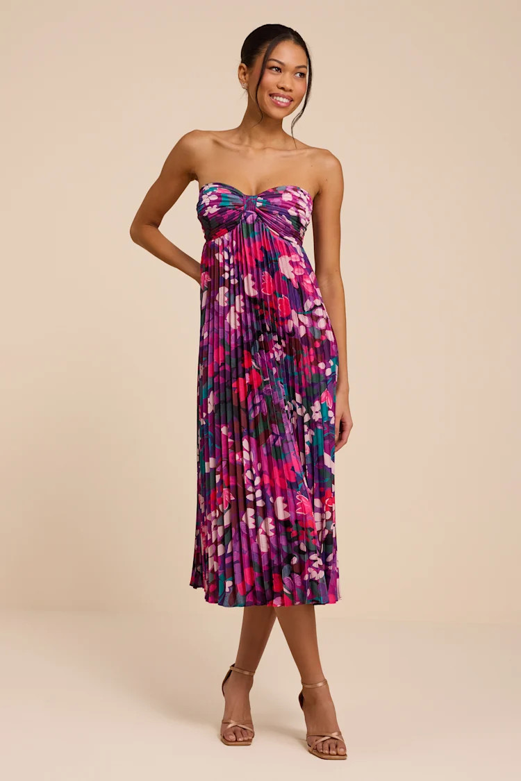 Whimsical Beauty Purple Multi Satin Plisse Strapless Midi Dress | Lulus