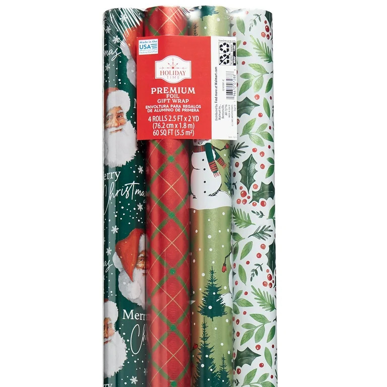 Holiday Time Traditional Multi-Pack Premium Wrapping Paper, Christmas Wrap, 4 Rolls, 60 Sq. ft., | Walmart (US)