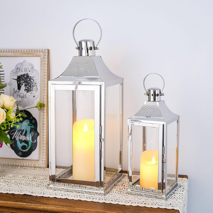 TRIROCKS Juego de 2 faroles decorativos de acero inoxidable de 17 y 12 pulgadas de alto, portavel... | Amazon (US)