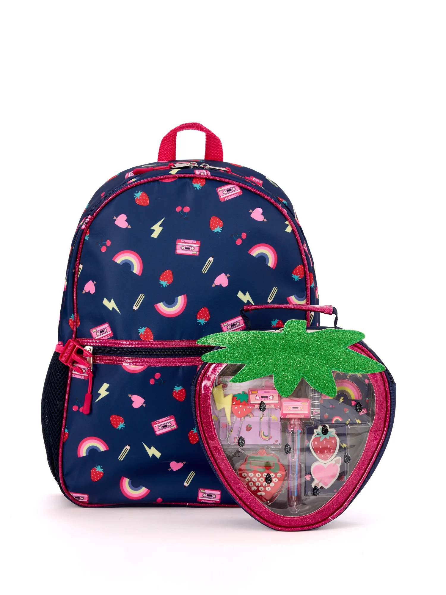 Schoolyard Vibes 17" Girls' Strawberry Kids Backpack with Stationary Set, Navy | Walmart (US)