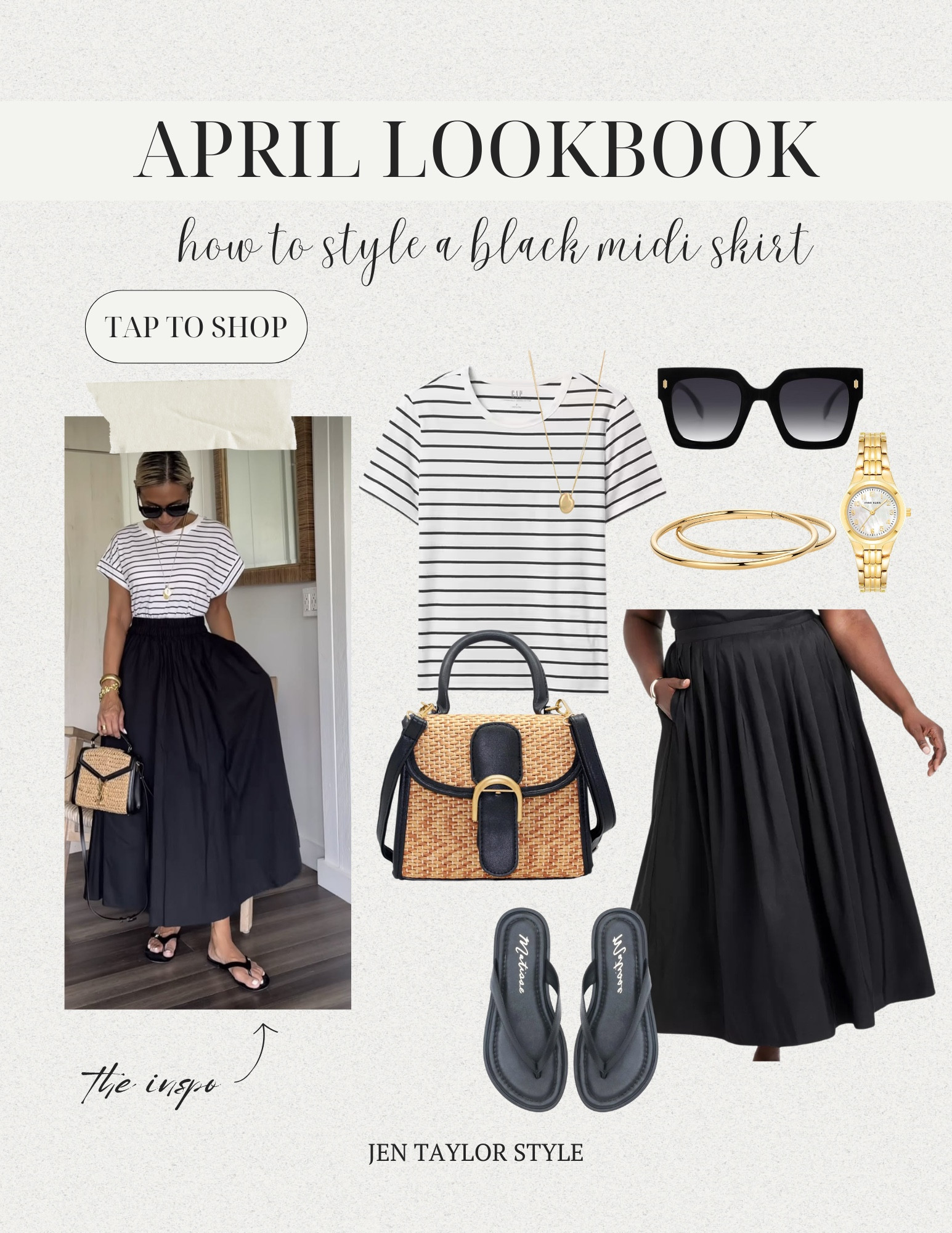 Pair a black midi skirt and stripe tee with all black and gold accessories for a chic look!

#LTKStyleTip #LTKSaleAlert #LTKFindsUnder50