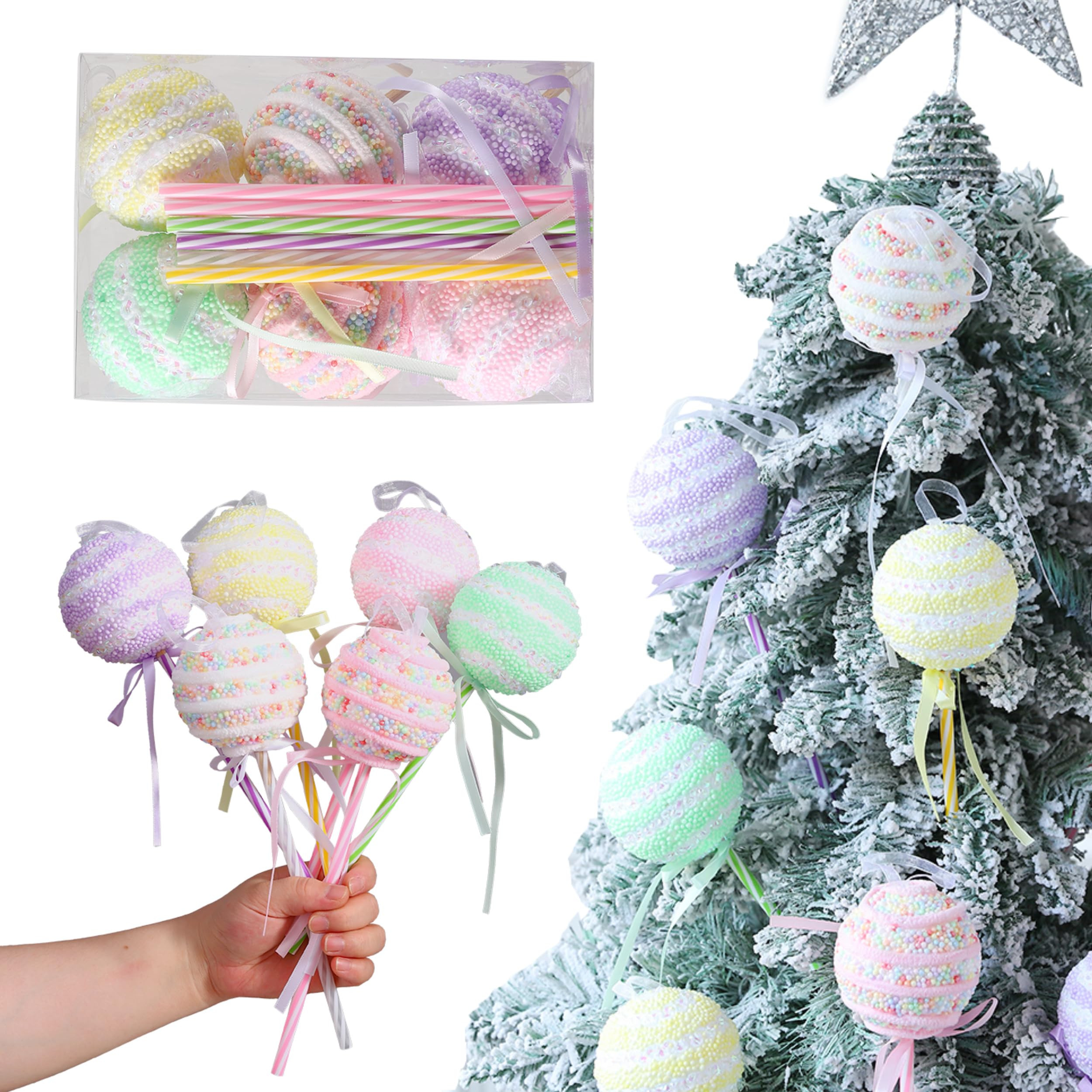 Pastel Christmas Candy Ornaments, 6pcs 12” Glittery Macaroon Lollipop Christmas Tree Decoration... | Amazon (US)