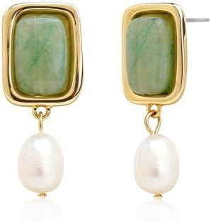 Sonateomber Gold Vintage Gemstone Dangle Drop Earrings for Women,Chunky Statement Pearl Square Na... | Amazon (US)