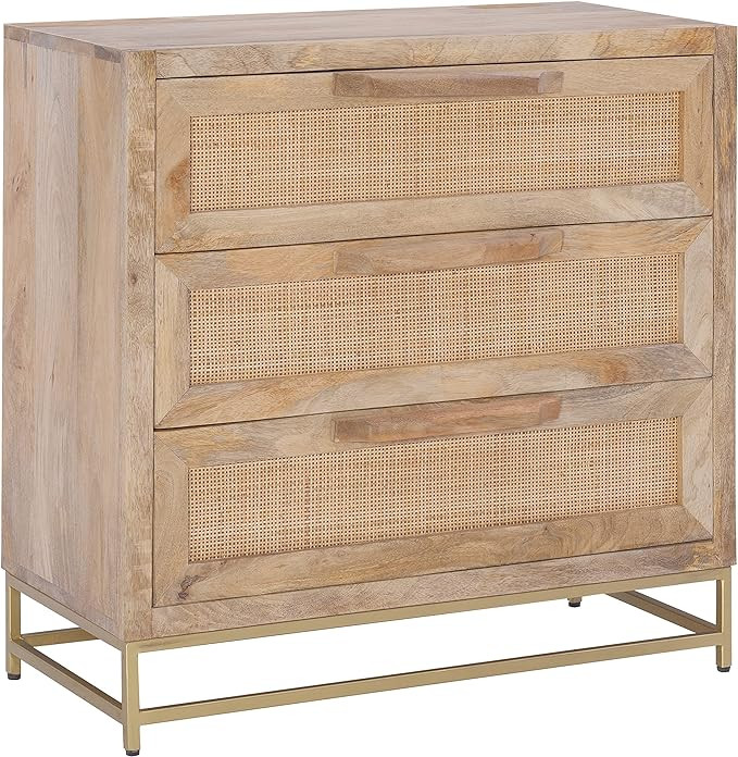 Powell Natural Rattan and Gold Base 3 Drawer Danika Cabinet, Three, Brown | Amazon (US)