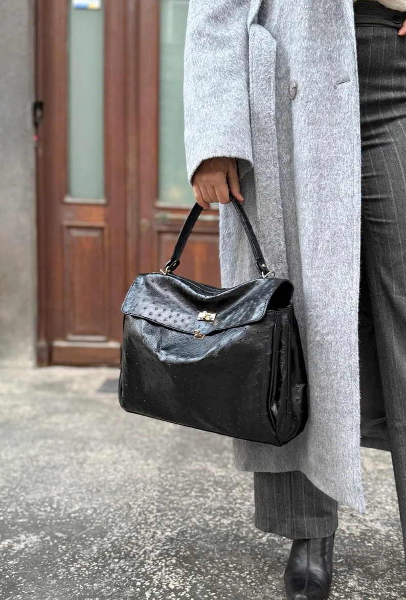 Black ostrich leather handbag, handbag made of genuine ostrich leather, leather handbag, black sh... | Etsy (Global)