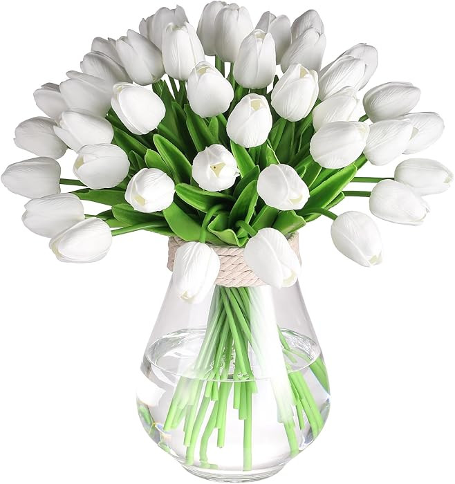 30 Pcs Artificial Tulips PU Faux Flowers, White Real Touch Fake Tulips for Valentine's Day Spring... | Amazon (US)