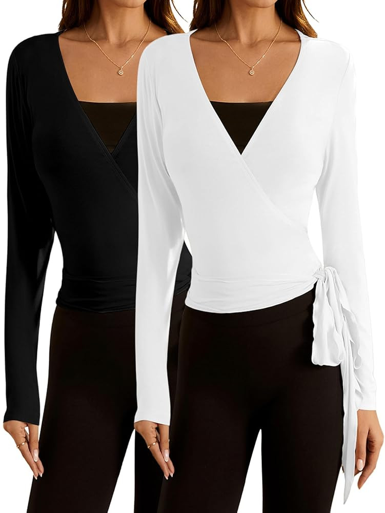 SweatyRocks Women's Y2k Pilates Wrap Tops Ballet Yoga Coquette Shirt Cute Long Sleeve Workout Act... | Amazon (US)