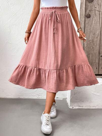 SHEIN Frenchy Paperbag Waist Ruffle Hem Knot Front Skirt | SHEIN