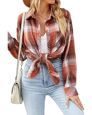 CHYRII Womens Button Down Flannel Shirts Long Sleeve Plaid Shackets Business Casual Blouse Top | Amazon (US)
