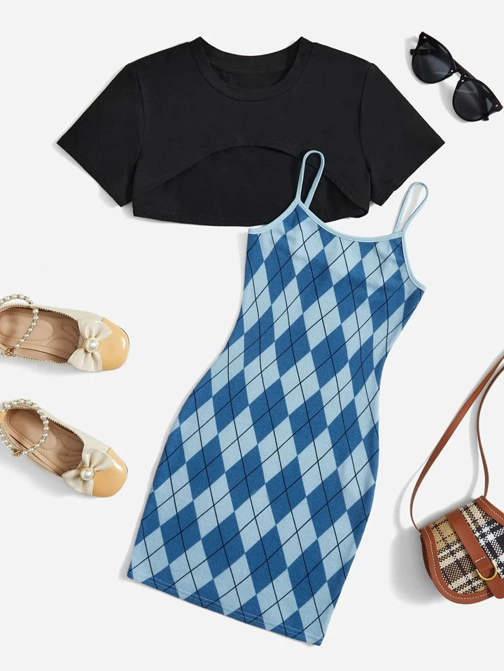 SHEIN Kids EVRYDAY Girls High Low Hem Tee & Argyle Print Cami Dress | SHEIN