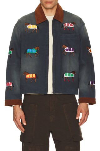 Found Lariat Horse Embroidered Work Jacket in Blue | FWRD 