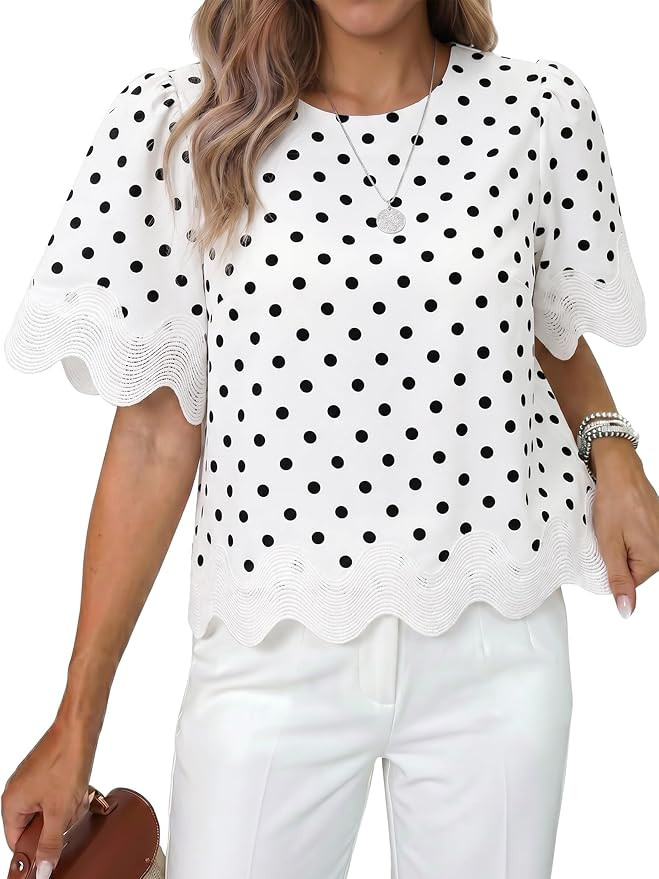 Tankaneo Womens Short Sleeve Crop Tops Summer Casual Scalloped Flowy Blouse Crewneck Ruffle Loose... | Amazon (US)
