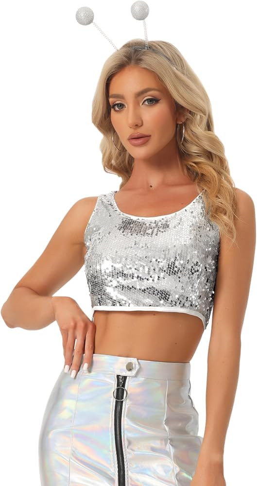 Allegra K Women's Sequin Tops Metallic Sparkle Glitter Sleeveless Camisole Tank Top Party Club Cr... | Amazon (US)