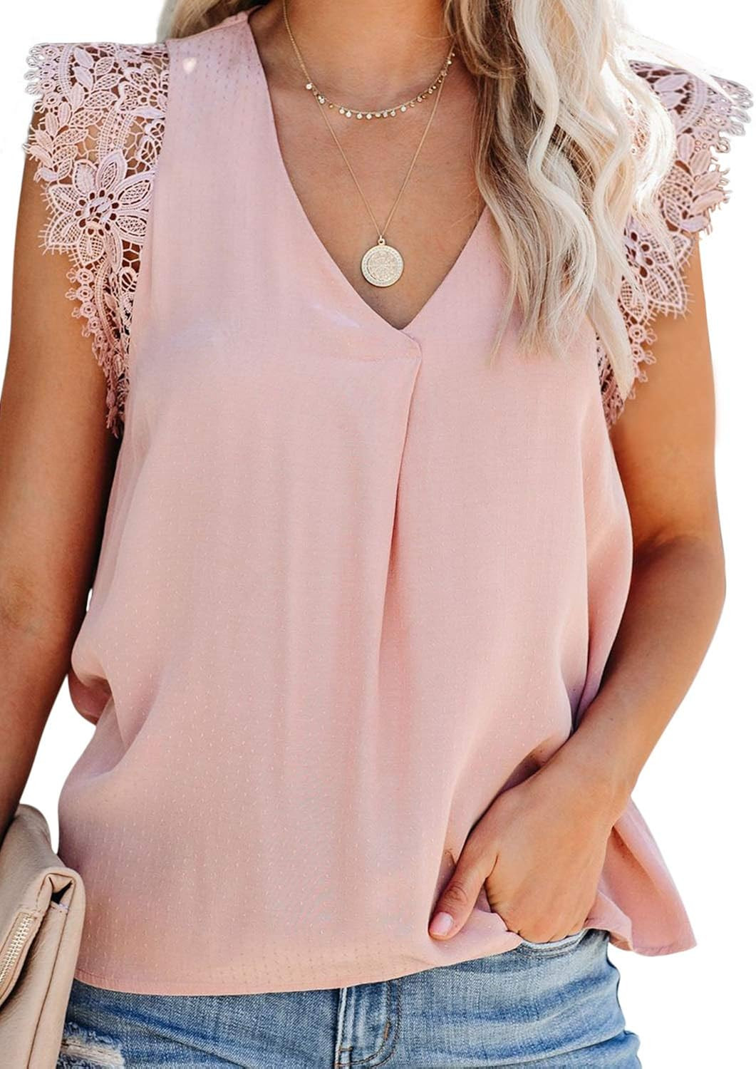 CANIKAT Womens V Neck Crochet Lace Strappy Cami Tank Tops Casual Loose Sleeveless Shirts Blouses | Amazon (US)