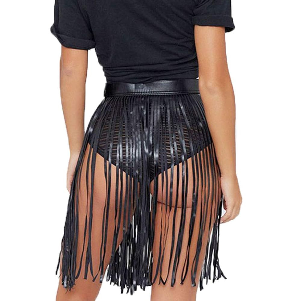 Women's Gothic Fringe Belt Skirt - Black PU Leather Waist Tassel Skirt, Punk Gypsy Style Outfit f... | Amazon (US)