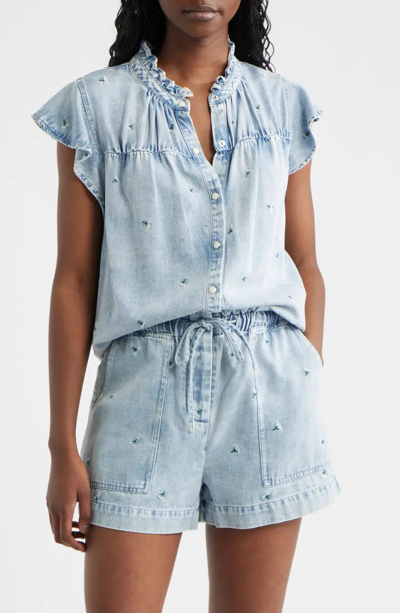 Ruthie Floral Embroidered Ruffle Cap Sleeve Button-Up Top | Nordstrom