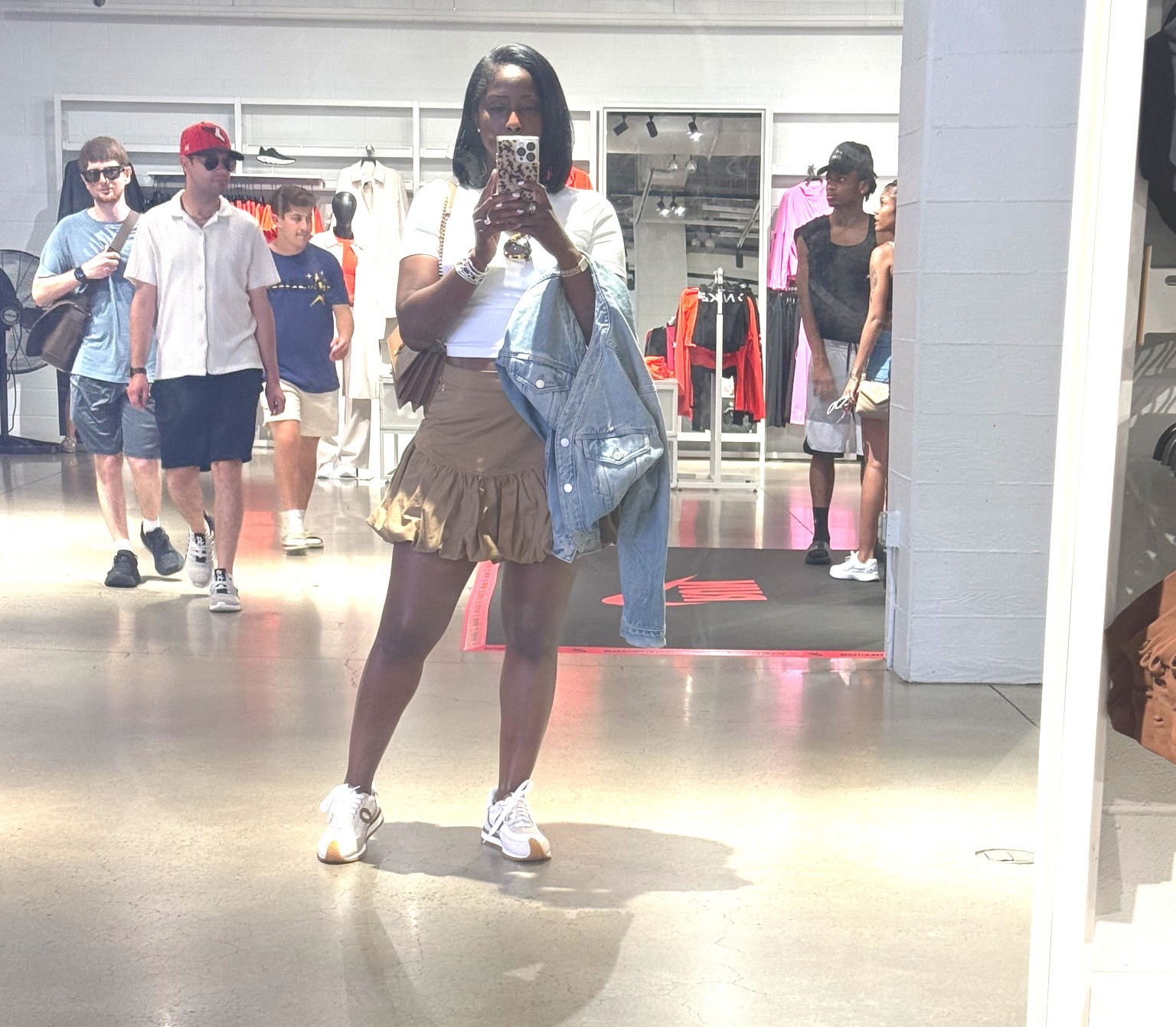 Hey yall! I’m linking my skirt here. I have the skirt in the brown color but they have plenty of other options. Now, it is a little short so I wear it with some little shorts underneath!  I believe I have this in a medium! The shirt is Zara and the shoes are Loewe! 