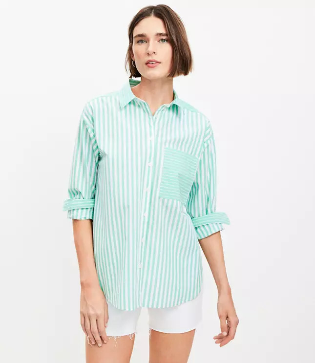 Striped Poplin Everyday Oversized Pocket Shirt | LOFT
