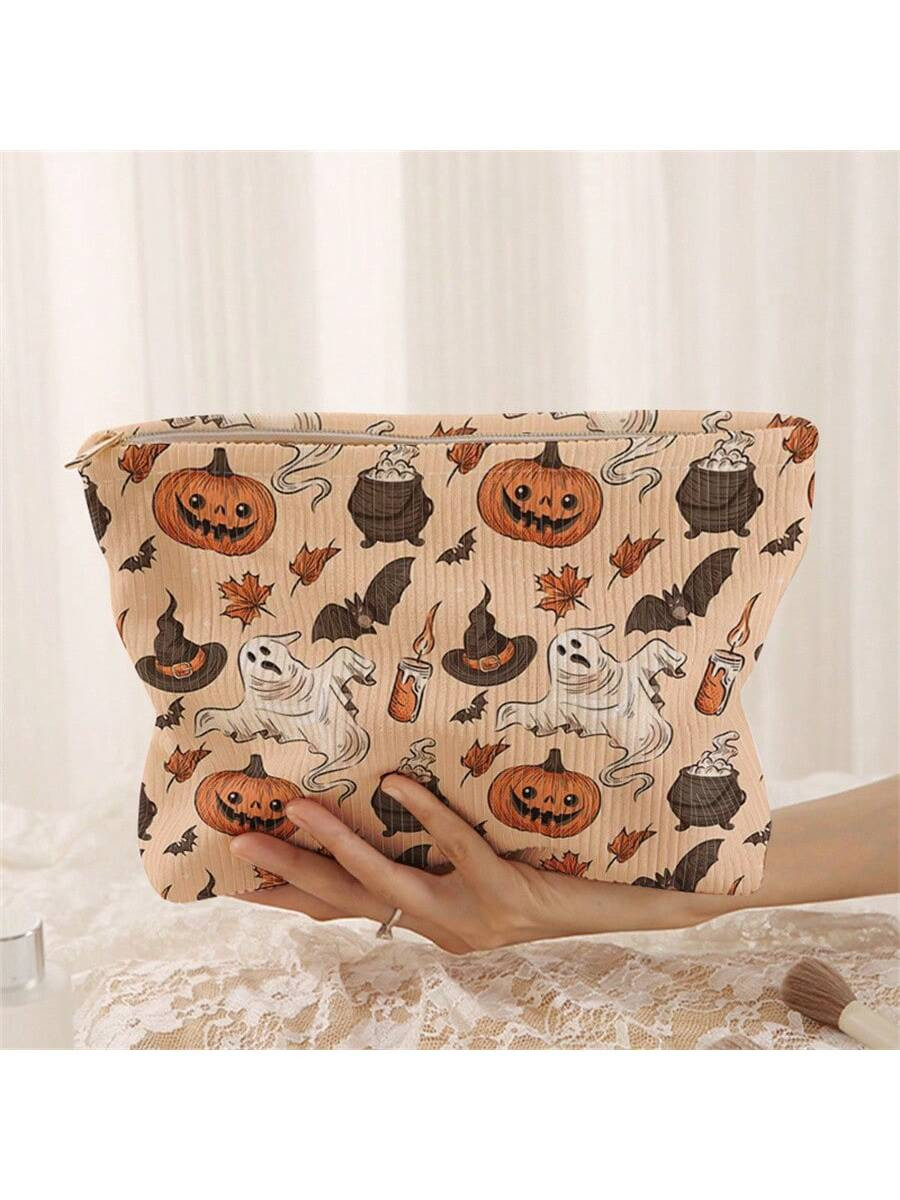 Halloween Pattern Corduroy Makeup Bag, Lightweight Zipper Cosmetic Storage Bag Sweet Style Versat... | SHEIN