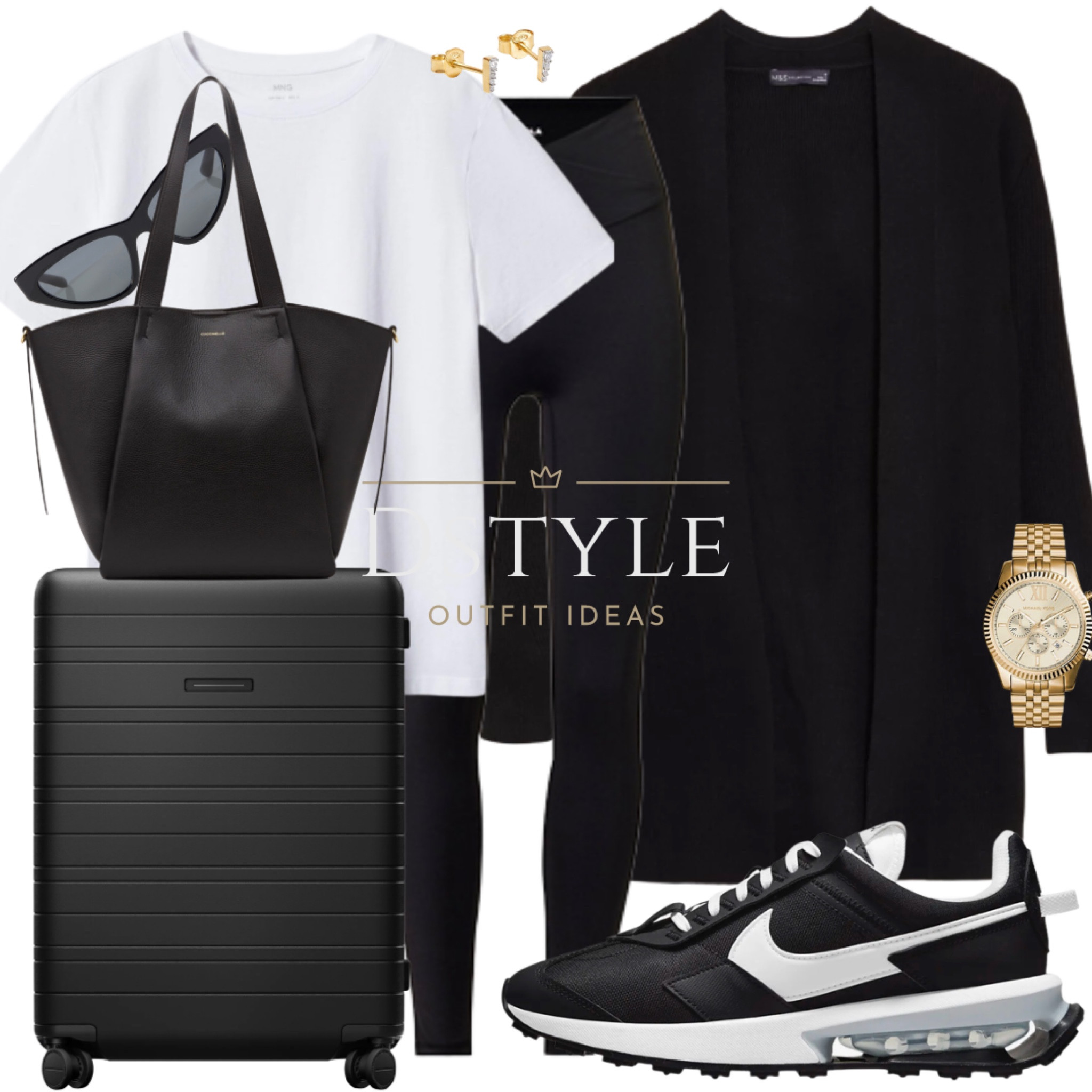 A versatile travel outfit that's perfect for sightseeing, exploring, or just lounging in your hotel room. Pack light and look great! This combination of a white tee, black leggings, and a long cardigan is not only comfortable and practical, but also effortlessly fashionable. And with these Nike trainers currently 44% off, you can step out in style without breaking the bank.

#LTKtravel #LTKFind #LTKstyletip