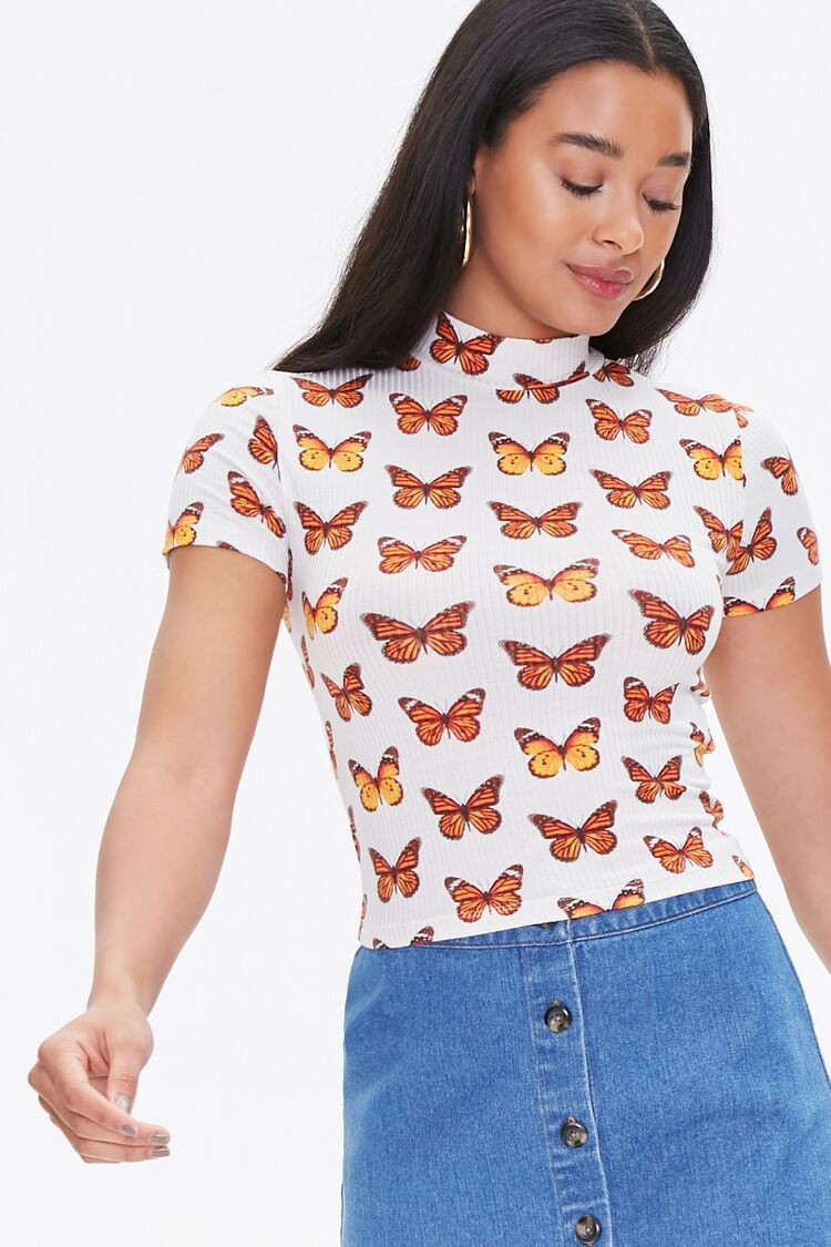 Butterfly Graphic Mock Neck Tee in White, Size XS | Forever 21 (US)