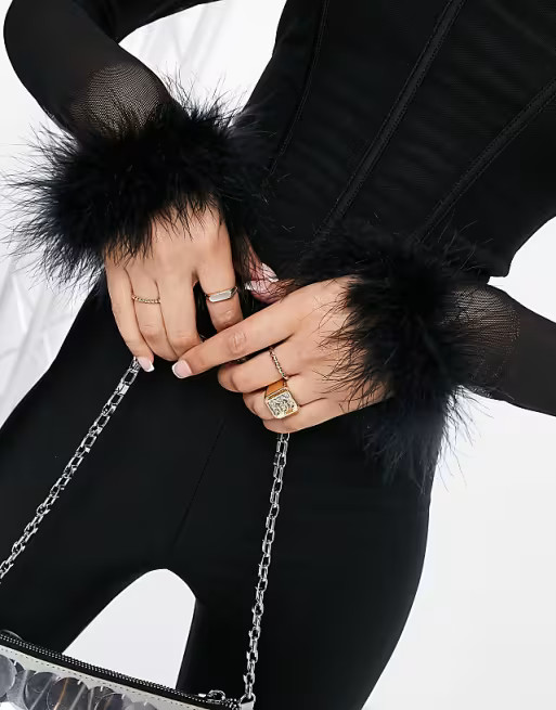 Femme Luxe faux feather trim corset top in black | ASOS (Global)