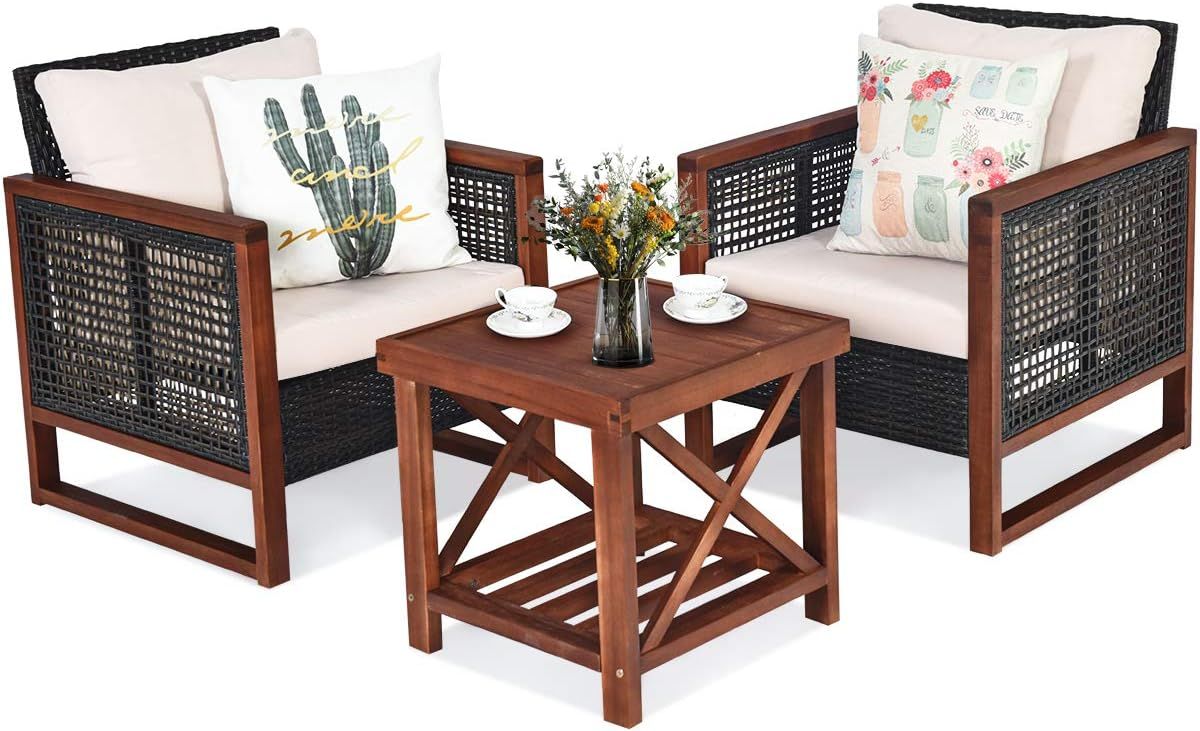Tangkula 3 Pieces Patio Wicker Furniture Set, Rattan Outdoor Sofa Set w/Washable Cushion & Acacia Wo | Amazon (US)