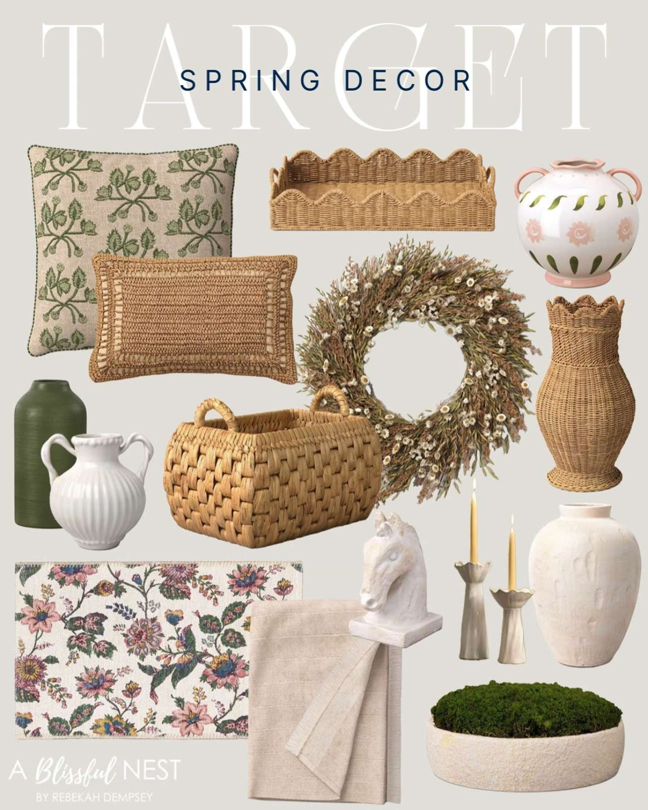 Florals, pastels, and light layers from Target done right. Shop my picks.

floral scatter accent rug, lightweight neutral throw blanket, sculpted taper candle holder, weave basket, small moss bowl, green textured ceramic vase, painted ceramic jug vase, square embroidered vine pillow, scalloped edge woven tray, rustic ceramic vase, scalloped edge woven vase, lumbar palm weave pillow, rustic ceramic horse bust, mixed spring floral wreath, beaded ceramic handled vase. 

 #LTKSeasonal #LTKHome