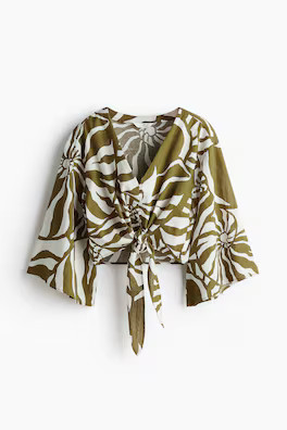 Blouse with Tie Detail - Short sleeve - Short - Cream - Ladies | H&M US | H&M (US + CA)