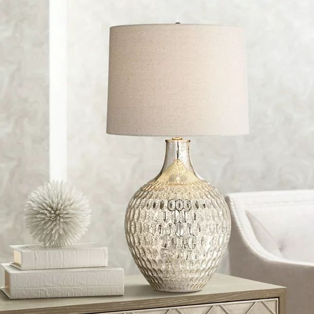 360 Lighting Modern Table Lamp 28" Tall Textured Mercury Glass Off White Tapered Drum Shade for L... | Walmart (US)