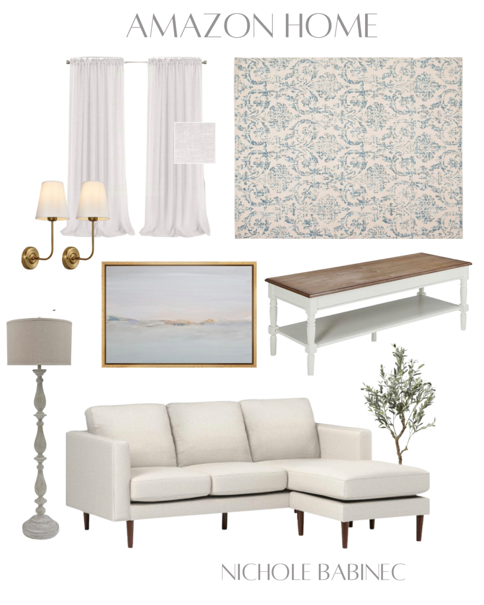 Coastal Living room with french country touches. Blue and ivory rug, cream/ivory sectional, coastal art, gold sconces, white linen curtains, faux olive tree light driftwood pedestal tables and driftwood and white coffee table. Just needs some to add fresh flowers for the coffee table and your personal touches.

#LTKxPrimeDay #LTKhome #LTKFind