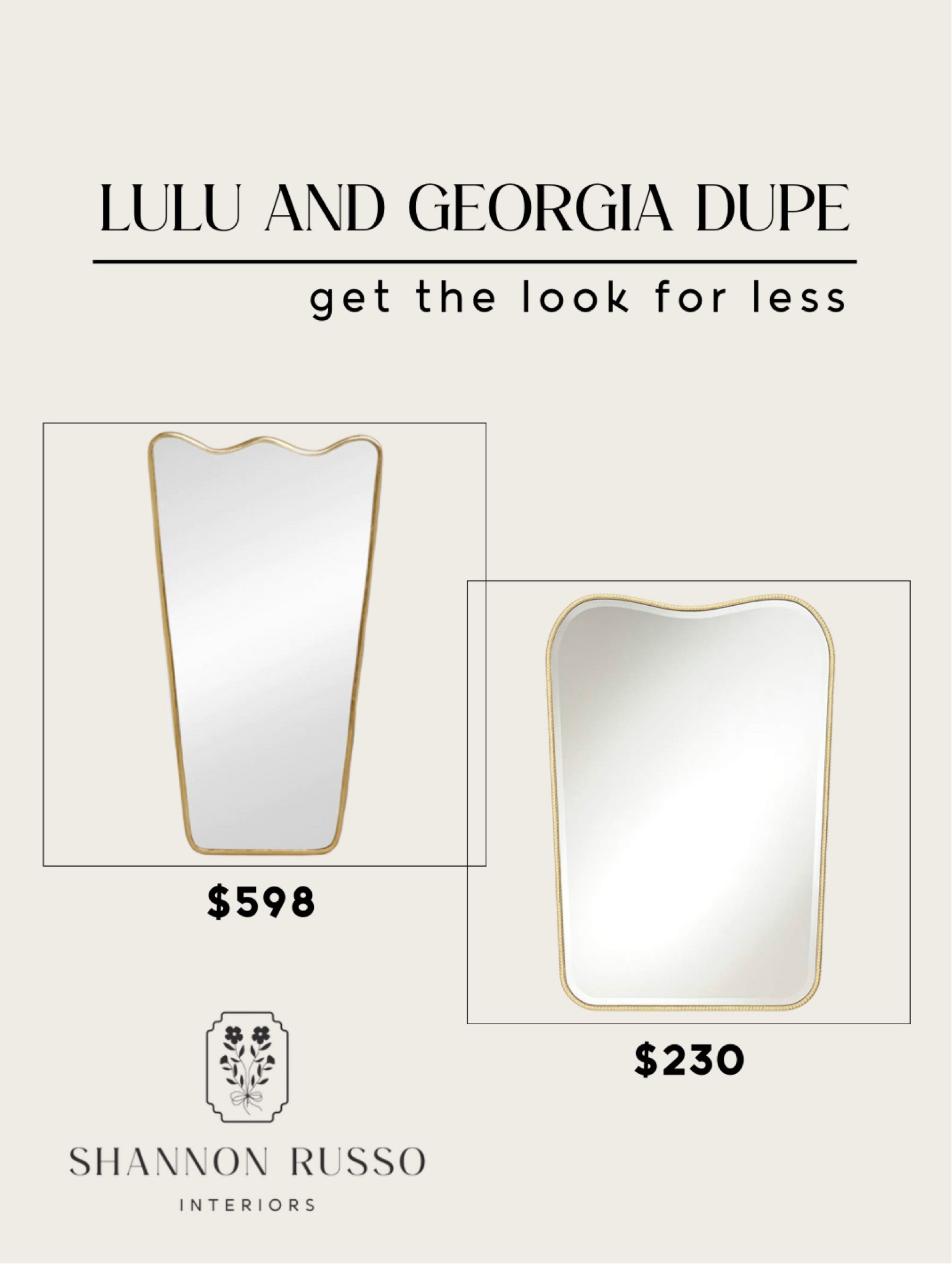 Lulu and Georgia mirror look for less! This curvy dupe is perfect for your bathroom, entry way, bedroom, nursery, and so much more! 

#shannonrussointeriors #interiordesigner #homedecor 

Gold details, dupe, budget design, save money, wall hanging mirror, save, saving on home decor, modern design, clean minimalist 

#LTKhome