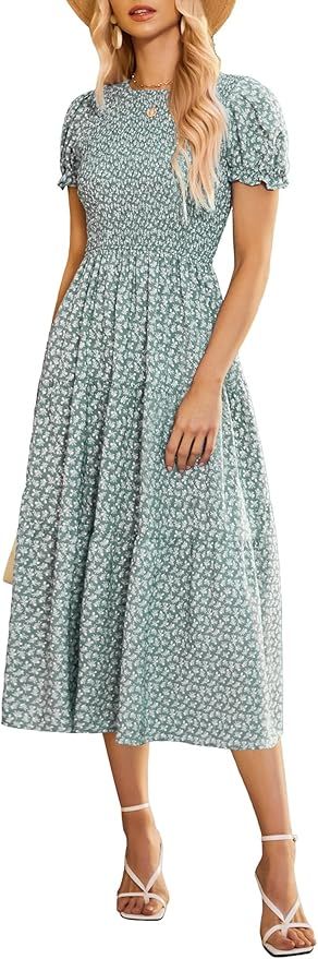 Zeagoo Women's Boho Floral Print Vintage Dress Summer Short Sleeve Smocked Waist A Line Maxi Dres... | Amazon (US)