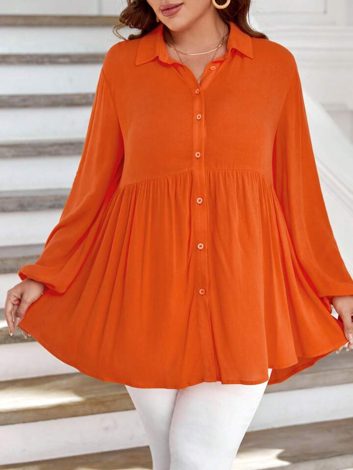 SHEIN LUNE Plus Solid Button Front Peplum Shirt | SHEIN