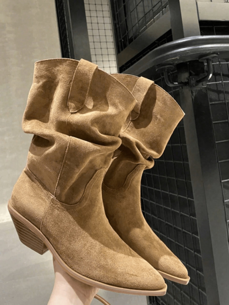 Maillard Color Boots, Retro Pointed Toe Western Style Chunky Heel Suede Mid-Calf Boots, Solid Color Riding Boots, Slip-On Slouchy Boots, Boots, Yellow Boots | SHEIN