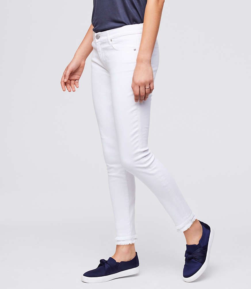 Curvy Frayed Skinny Ankle Jeans in White | LOFT