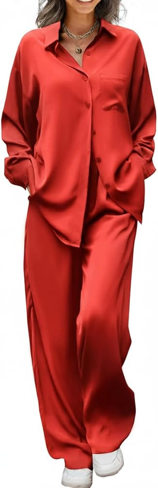 Ekouaer Womens Satin Silky Pajama Set 2 Piece Print PJs Soft Loungewear Button Down Sleepwear wit... | Amazon (US)