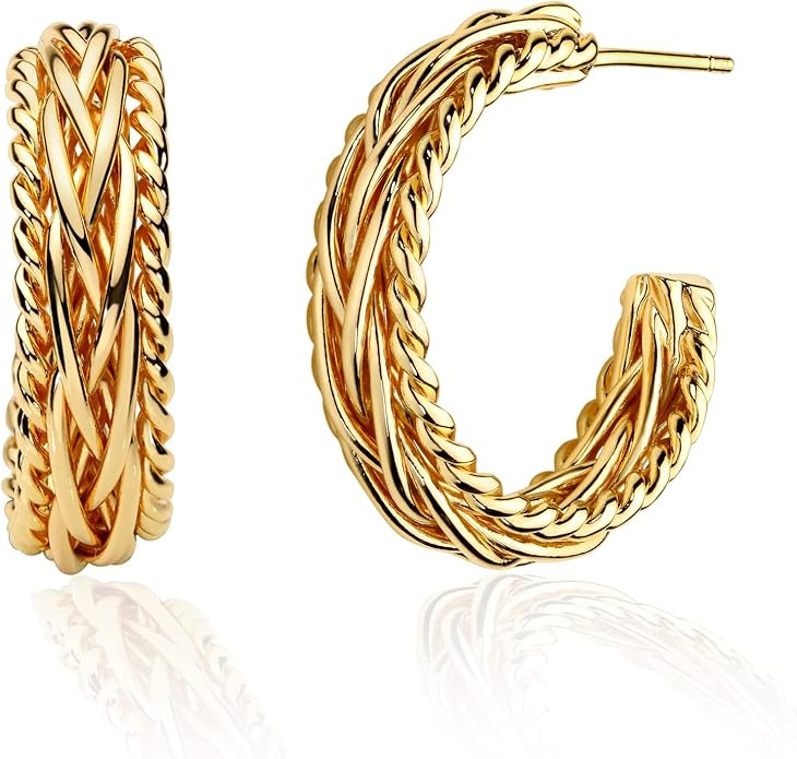 LOYATA Hoop Earrings Gold Open C Shape Thick Infinity 14K Gold Plated Simple Hypoallergenic Jewel... | Amazon (US)