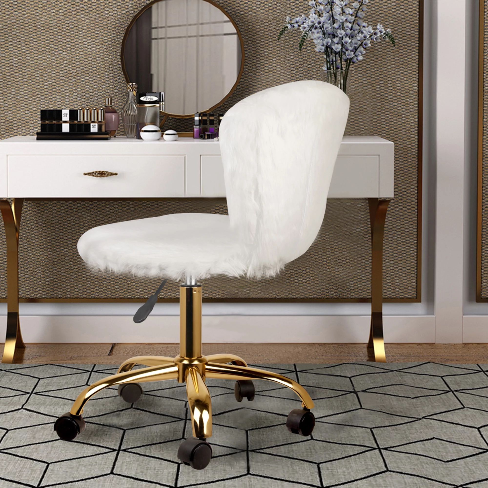 GIA Design Group Faux Fur Adjustable Swivel Vanity Chair, White | Walmart (US)