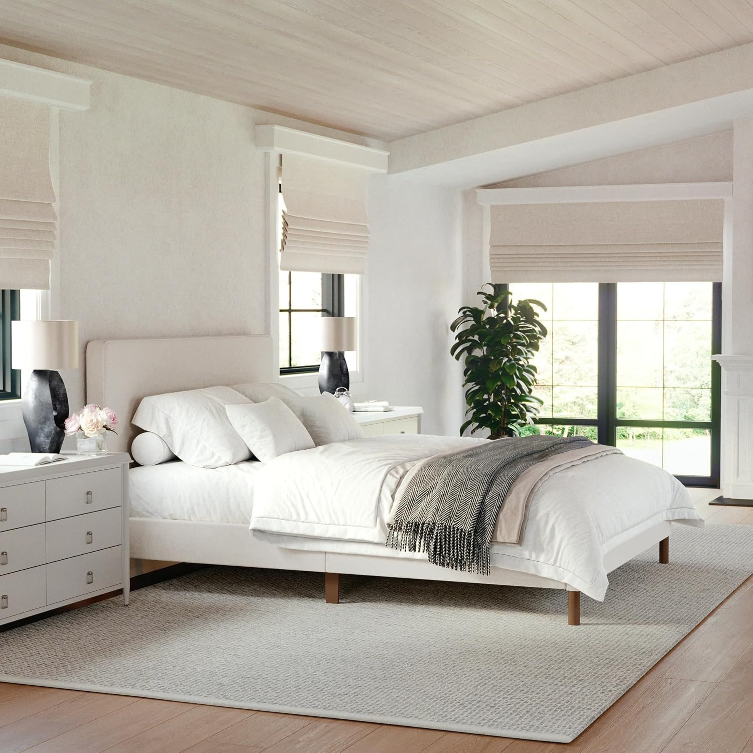 Martha Stewart Britta Queen Rounded Upholstered Platform Bed, Beige | Amazon (US)