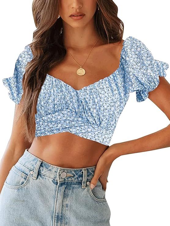 SOFIA'S CHOICE Women's Tie Up Back Crop Tops Short Sleeve Off The Shoulder Blouse | Amazon (US)