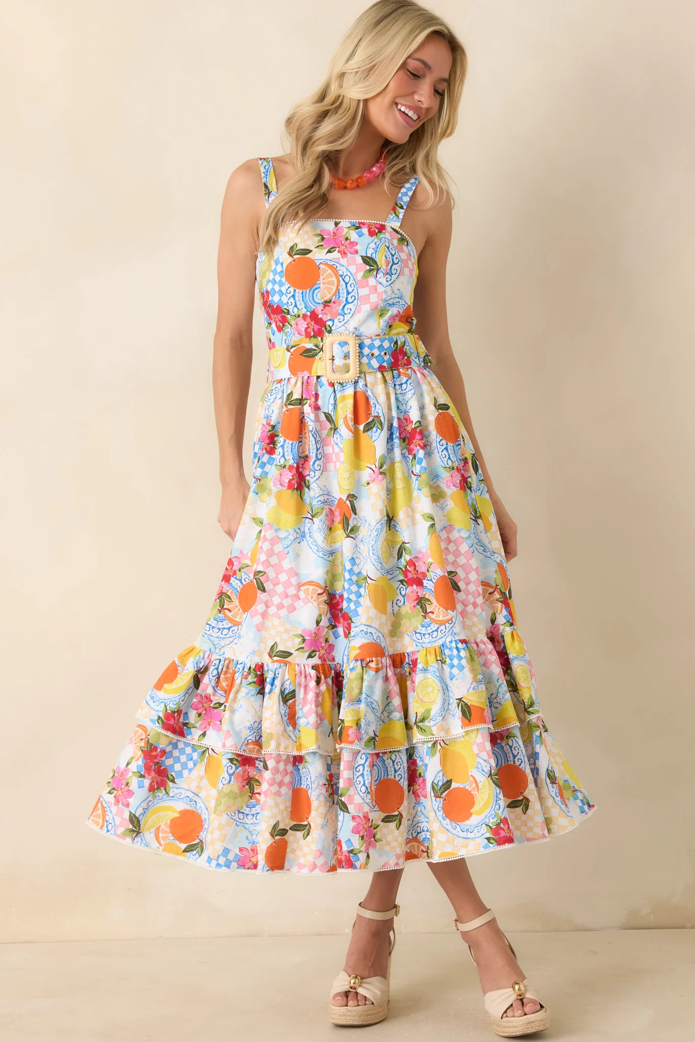Prosperina Cassandra Multi Citrus Print Linen Blend Midi Dress | Red Dress