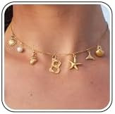 SLOONG Initial Charm Necklace for Women, Beach Pendant 14K Gold Plated Letter Neckalces Freshwate... | Amazon (US)